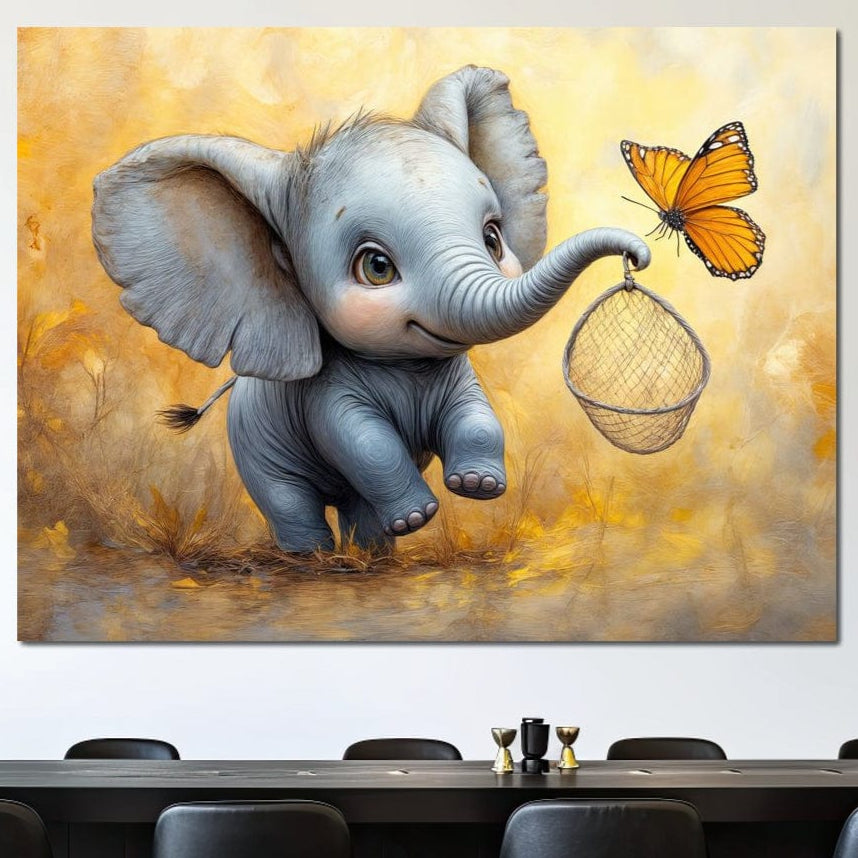 Tablou Canvas Premium, LuxCanva® K1027, Fluturasul si Elefantelul, Zbor, Aventura, Dragalas, Animale, Prietenie, Joaca, Pastel, Gradinita, Cresa, Inocenta, Copilarie, Galben, Camera Copii