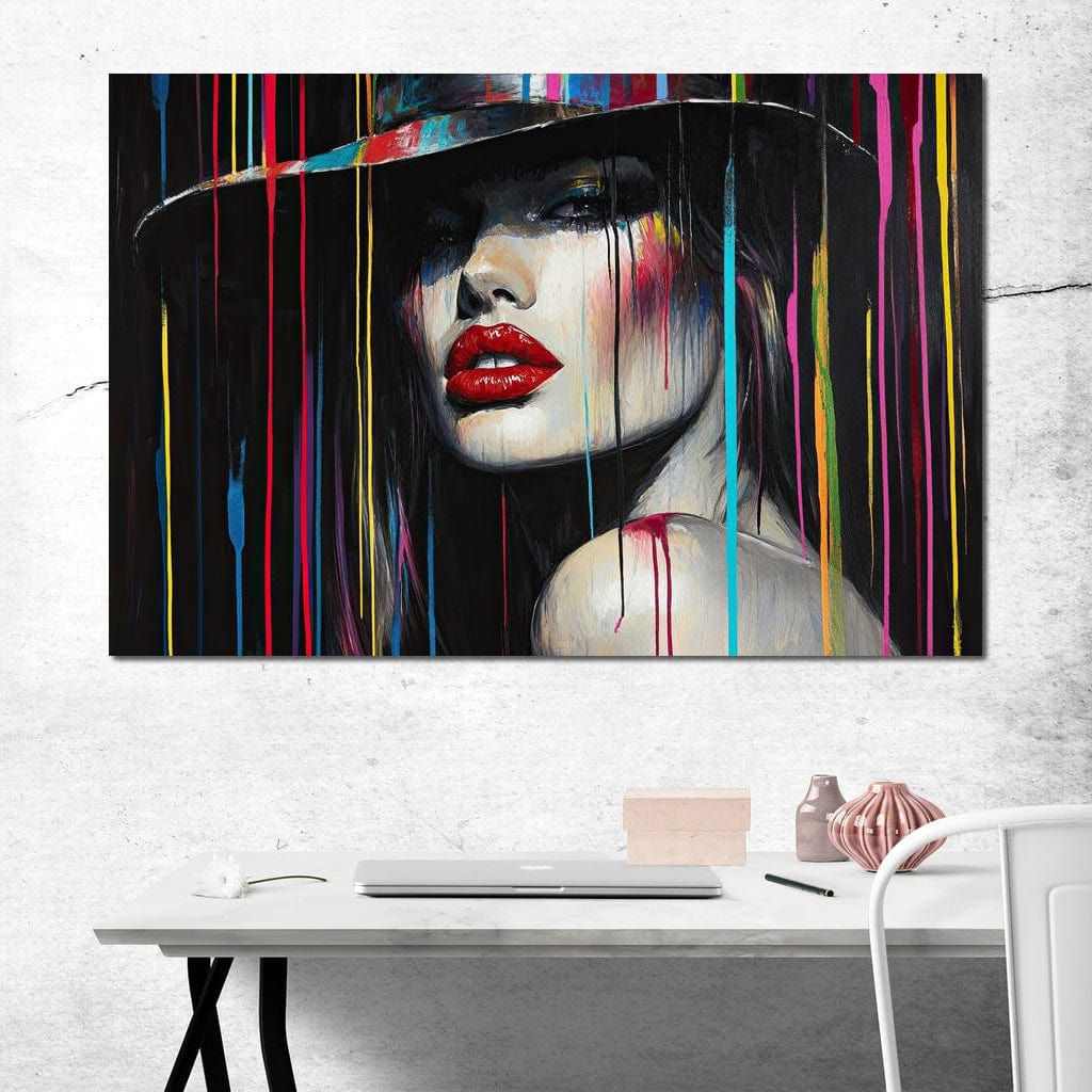 Tablou Canvas Premium, LuxCanva® G1099, Drama Culorilor, Glam, Neon, Buze, Rosii, Excentric, Gratii, Palarie, Portret, Feminism, Living, Dormitor