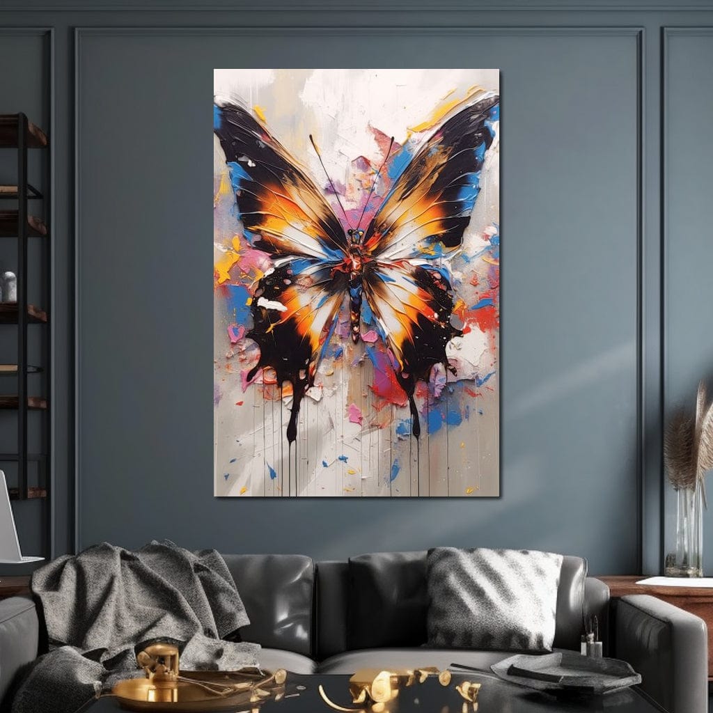 tablou canvas cu un fluture multicolor, pictat expresiv pe fundal abstract cu stropi de culoare vibranta
