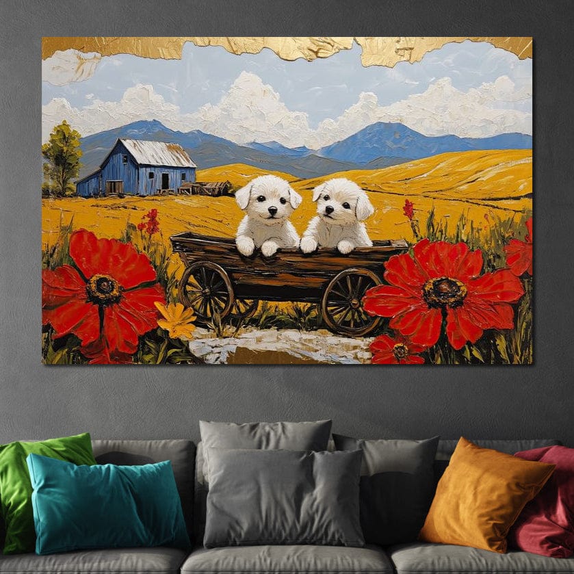 tablou canvas cu doi catelusi albi intr-un caruta de lemn rustica, in mijlocul unui lan auriu de vara, inconjurati de maci rosii si o ferma albastra in departare