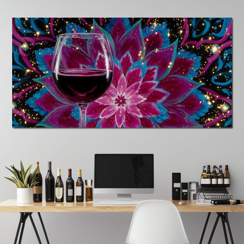 tablou canvas cu un pahar de vin rosu, pe fundal abstract cu o floare roz pictata sub forma de mandala cu sclipiri aurii