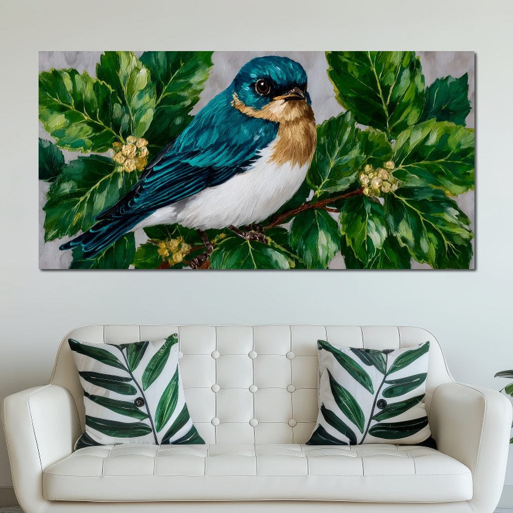 tablou canvas cu o pasare cu penaj turcoaz si cafeniu, pe o ramura cu frunze verzi lucioase si muguri galbeni