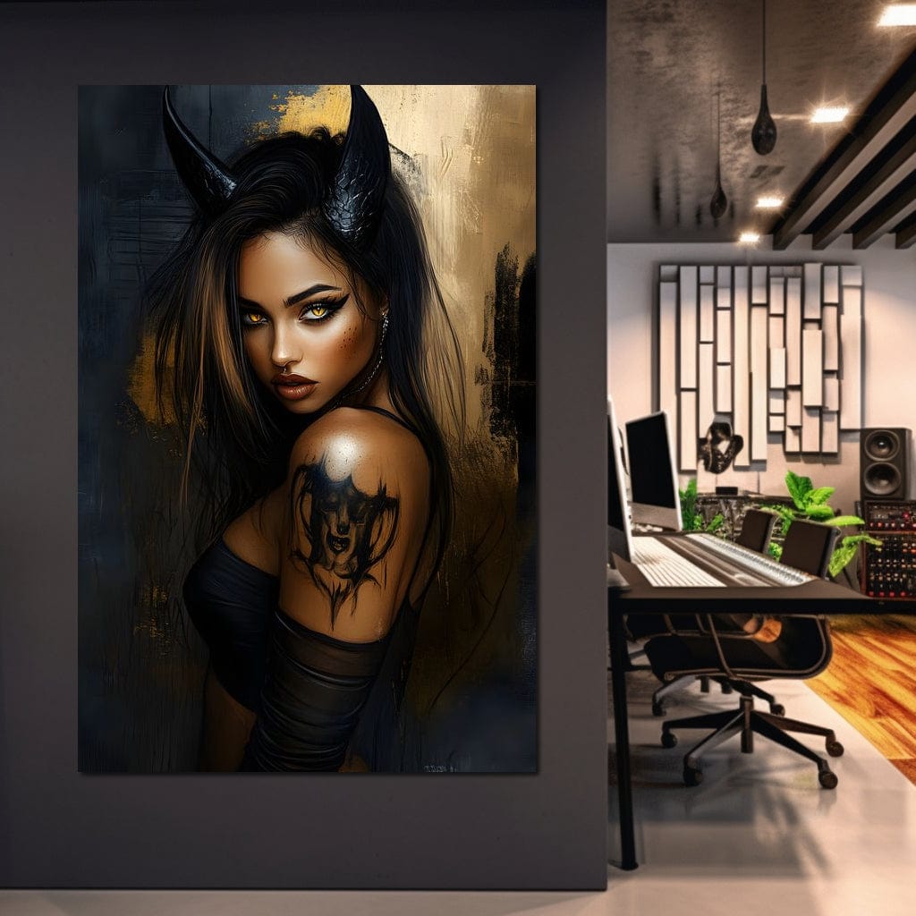 Tablou Canvas Premium, LuxCanva® G1192, Inger Intunecat,Portret, Dark, Fantasy, Coarne, Tatuaj, Aur, Negru, Rebela, Neamblanzita, Lumini, Umbre, Pericol, Birou, Living, Dormitor
