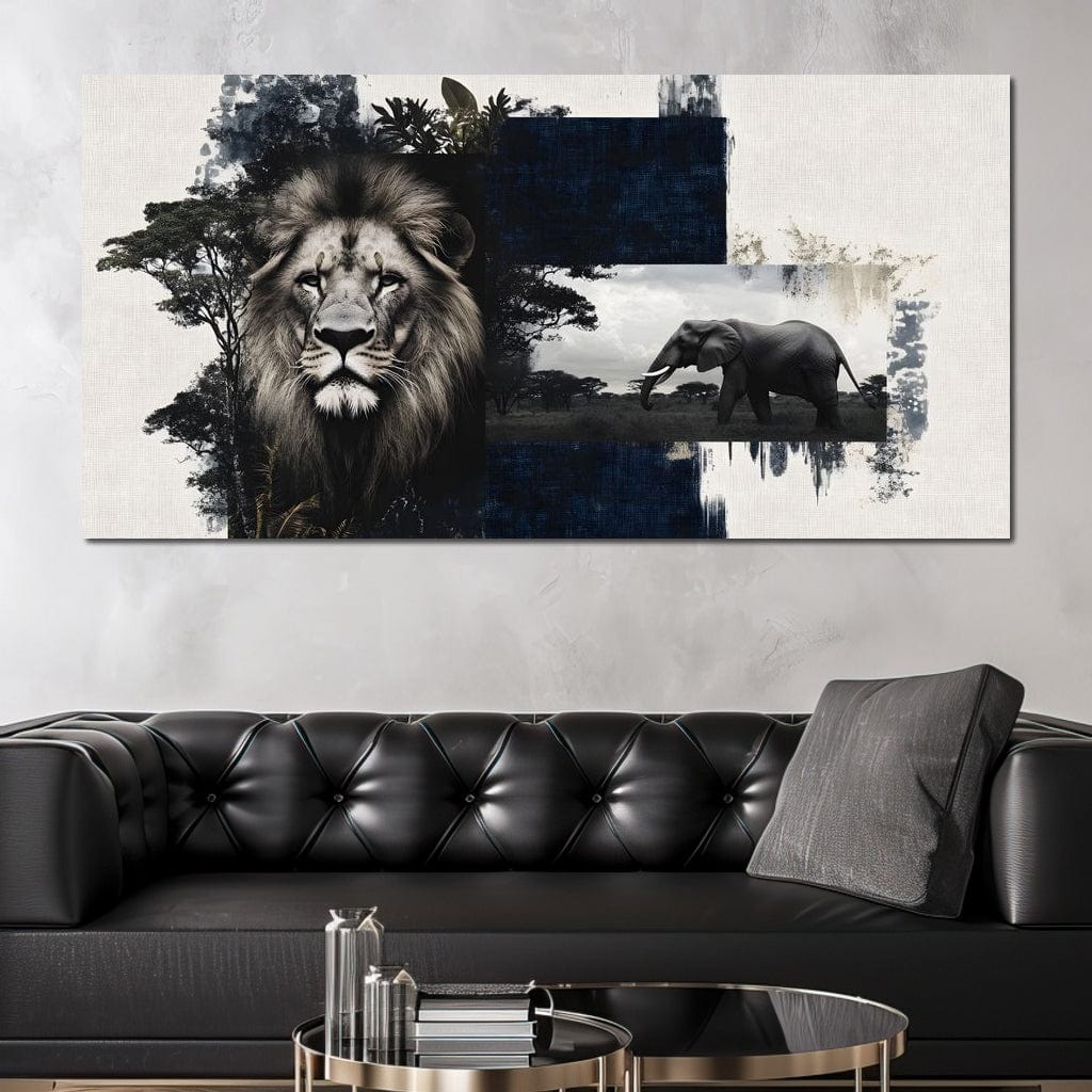 tablou canvas cu un leu, in tonuri monocrome si un elefant african pe fundal, intr-un peisaj sabatic abstract