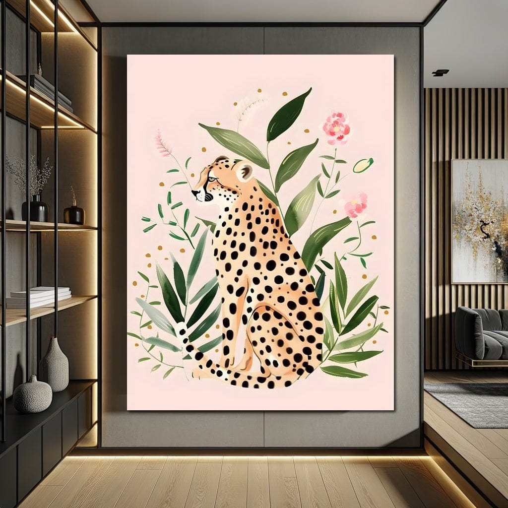 tablou canvas cu un leopard printre frunze intr-o pictura abstracta, pe fundal in culori pastelate