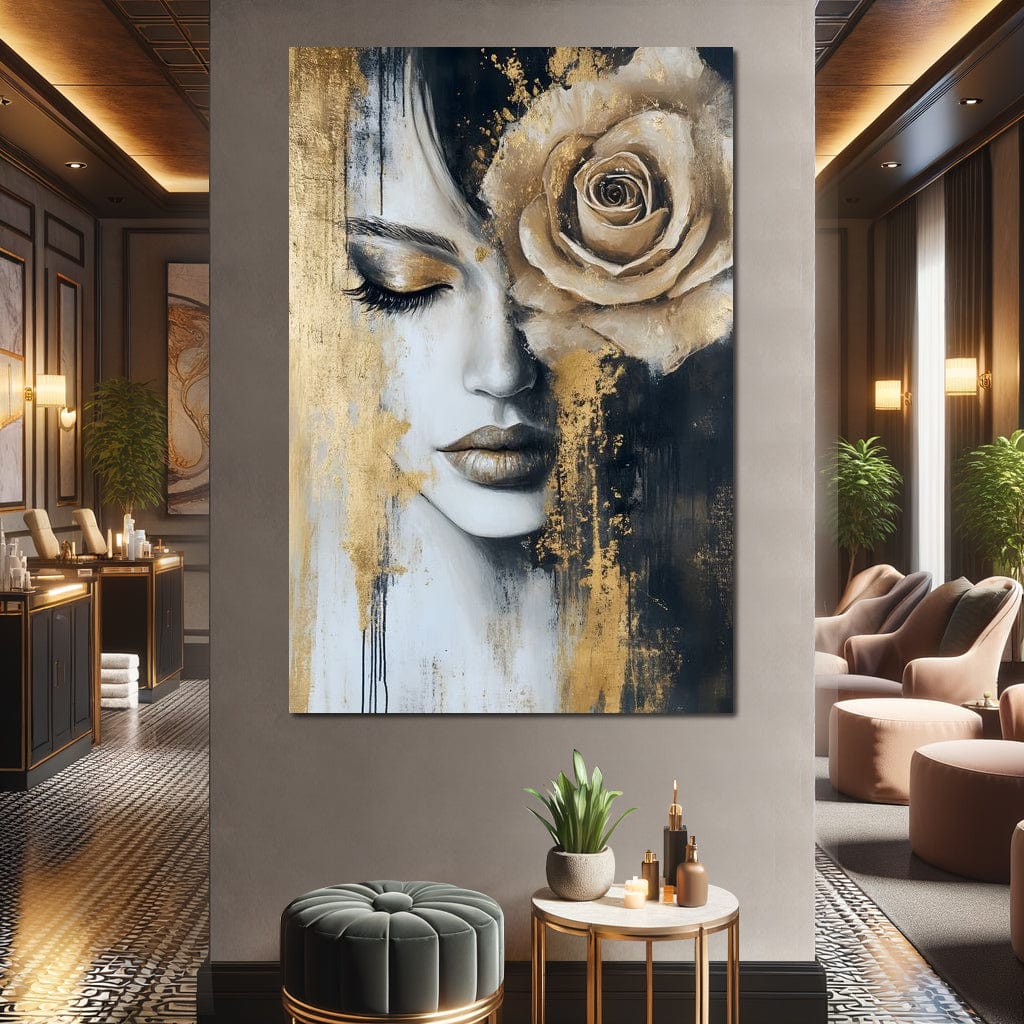 Tablou Canvas Premium, LuxCanva® G1207, Regina muta, Gold, Trandafir, Delicatete, Portret, Fragilitate, Chip, Petale, Umbra, Alchimie, Divin, Taina, Inger, Ochi, Suflet, Salon, Birou, Living, Dormitor