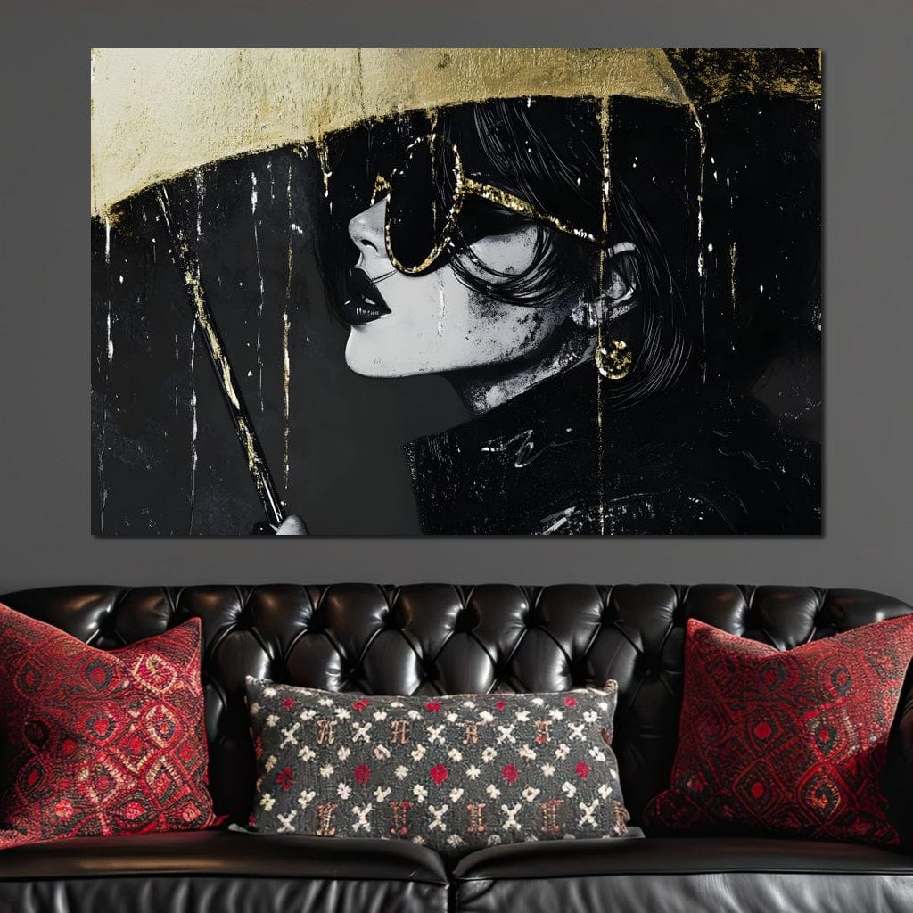 Tablou Canvas Premium, LuxCanva® G1112, Glamour In Ploaie, Picaturi, Umbrela, Gold, Ochelari, Stil, Rafinament, Cinematic, Artista, Living, Dormitor