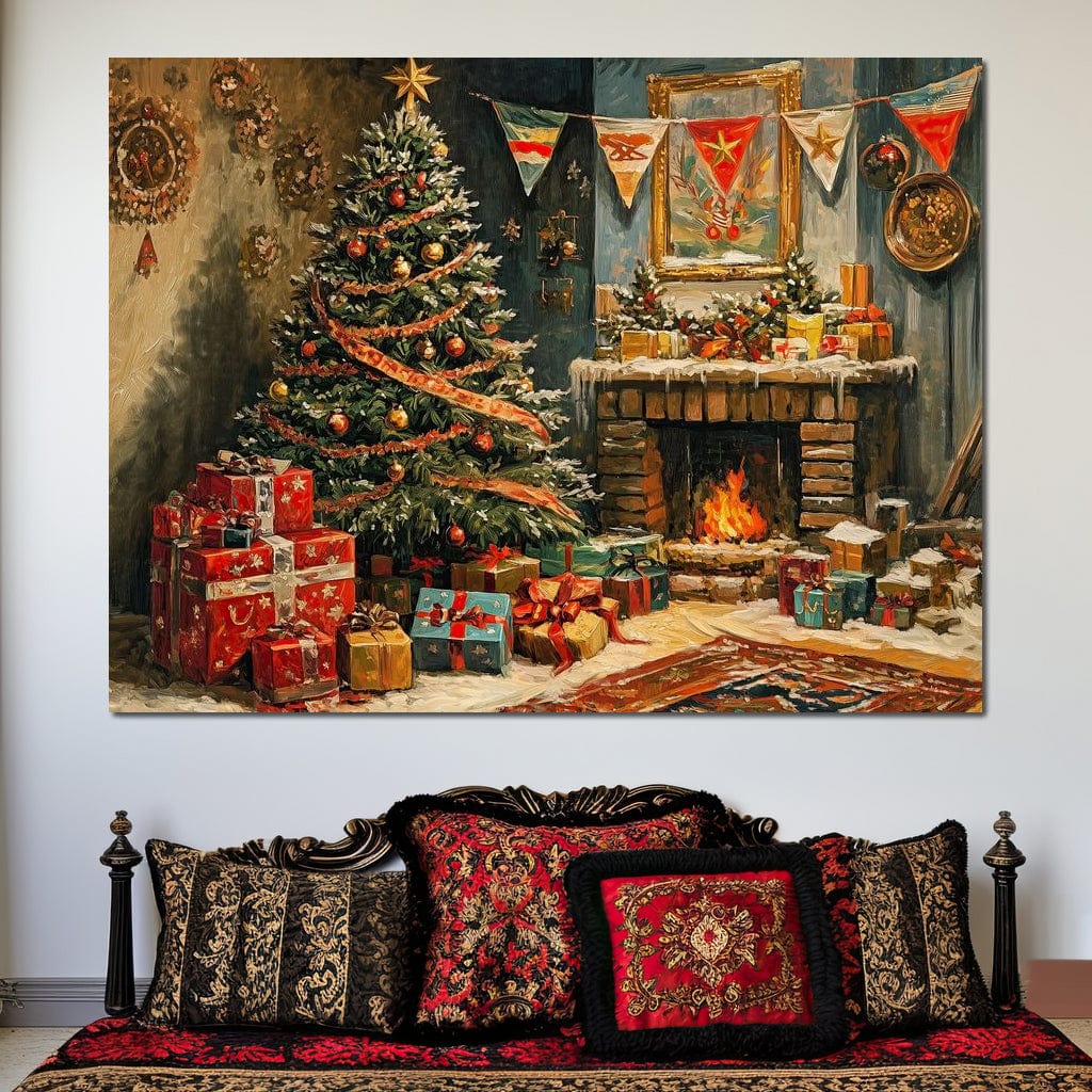 Tablou Canvas Premium LuxCanva® D1019, Noaptea de Ajun ,  Brad, Beculete, Semineu, Foc, Daruri, Living Room, Culori vibrante