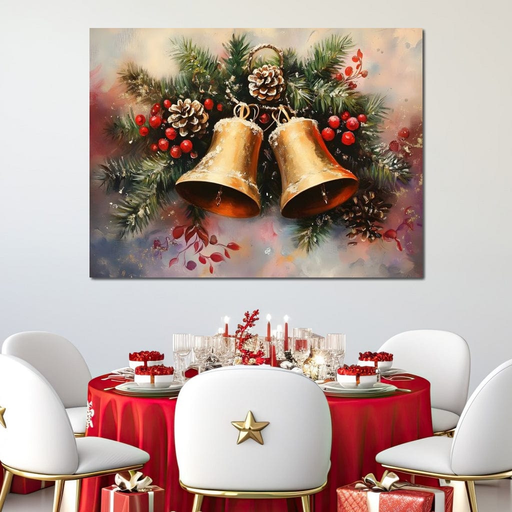 Tablou Canvas Premium, LuxCanva® D1089, Colindul Clopotelor, Aur, Christmas, Stralucire, Ecou, Festiv, Magie, Sunet, Spirit, Zvon, Brad, Simfonie, Pin, Conuri, Iarna, Rosu, Camera Copil, Living, Dormitor