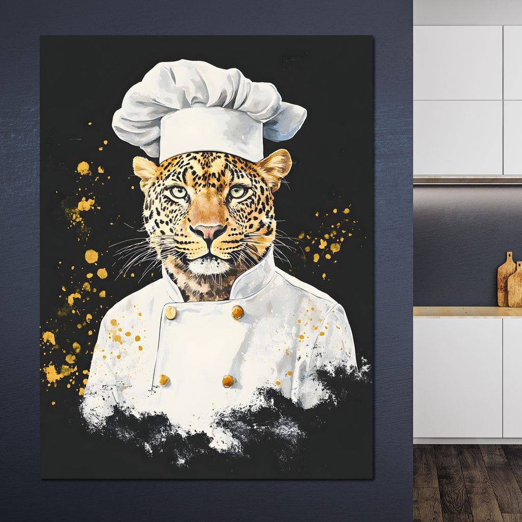 tablou canvas cu un leopard in costum de bucatar, pe fundal negru cu stropi de culoare aurii
