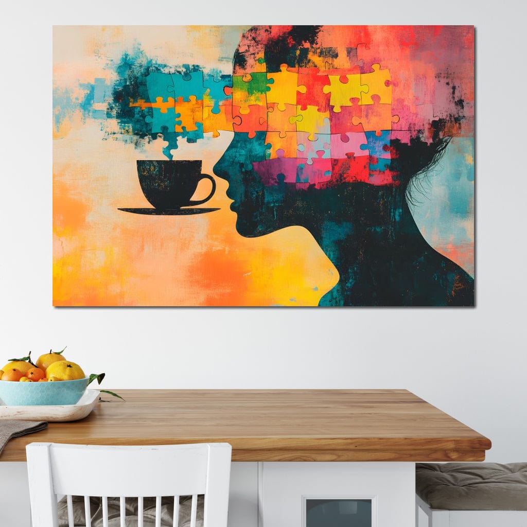 tablou canvas cu silueta unei femei, compusa din piese de puzzle multicolore, langa o ceasca neagra cu cafea, pe fundal pictat in culori vibrante