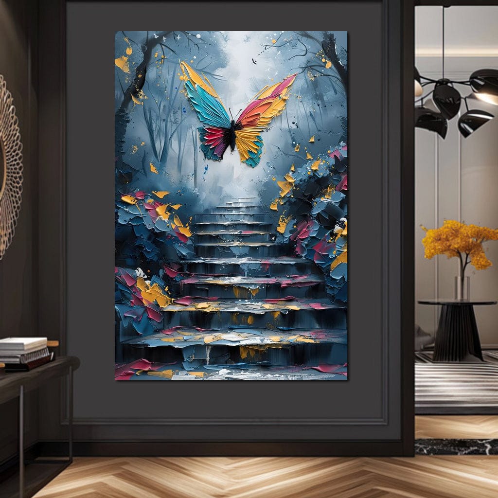 tablou canvas cu un fluture multicolor in zbor deasupra unor trepte, intr-o padure pictata in tonuri de albastru