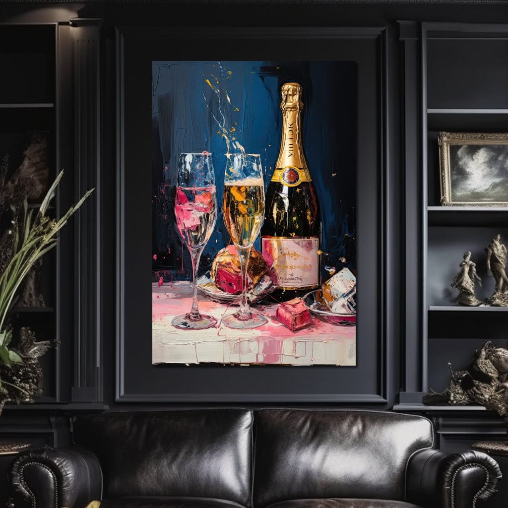 tablou canvas cu o sticla si doua pahare de sampanie, pictate intr-un decor de petrecere