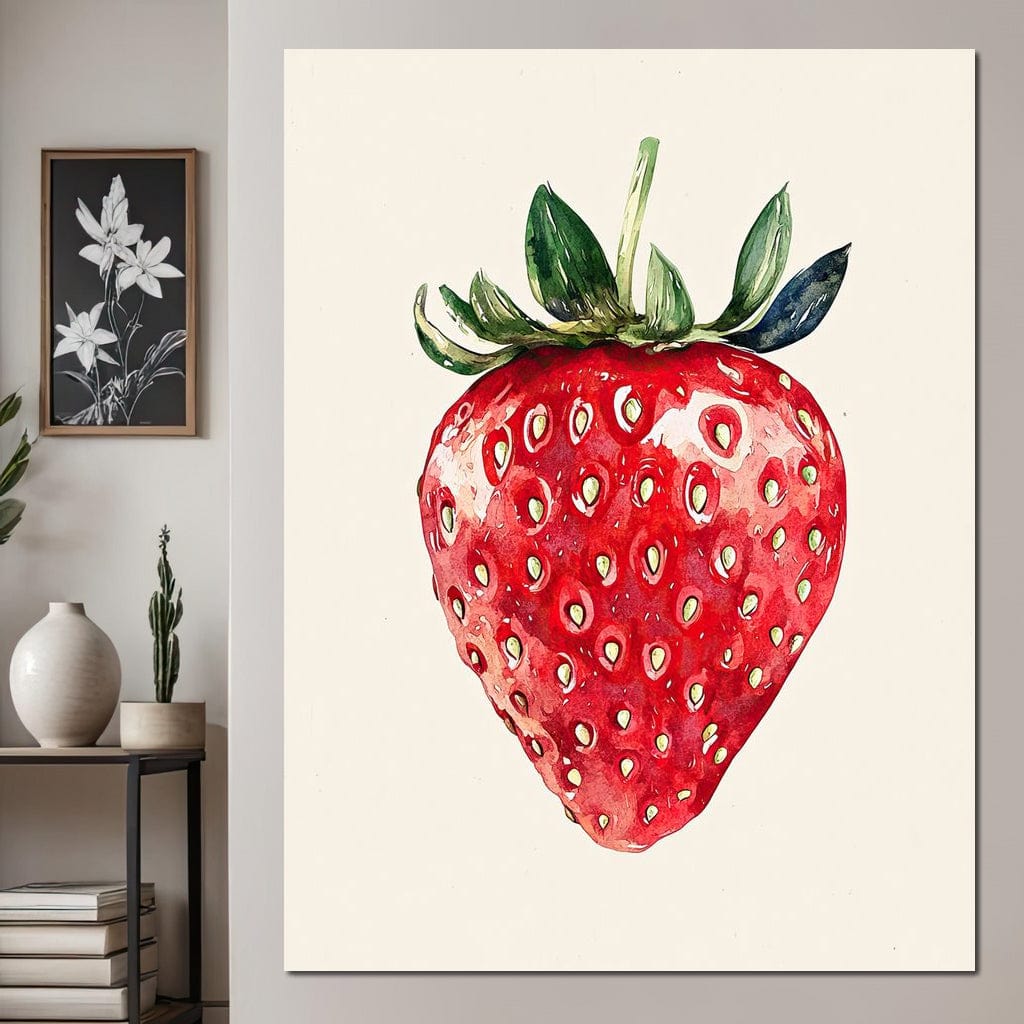 tablou canvas cu o capsuna, desenata in culori vibrante pe fundal alb