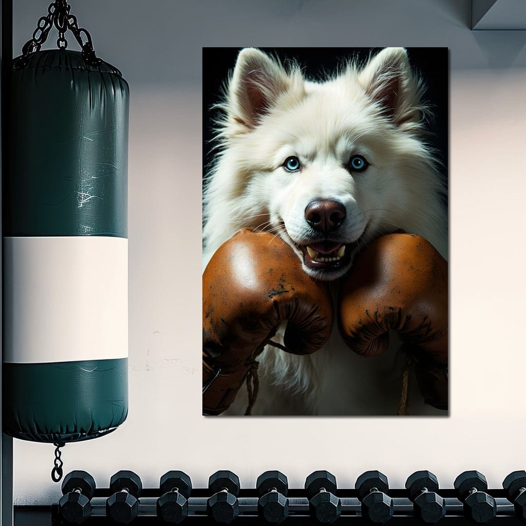 tablou canvas cu un caine husky alb cu ochi albastri, purtand manusi de box prafuite