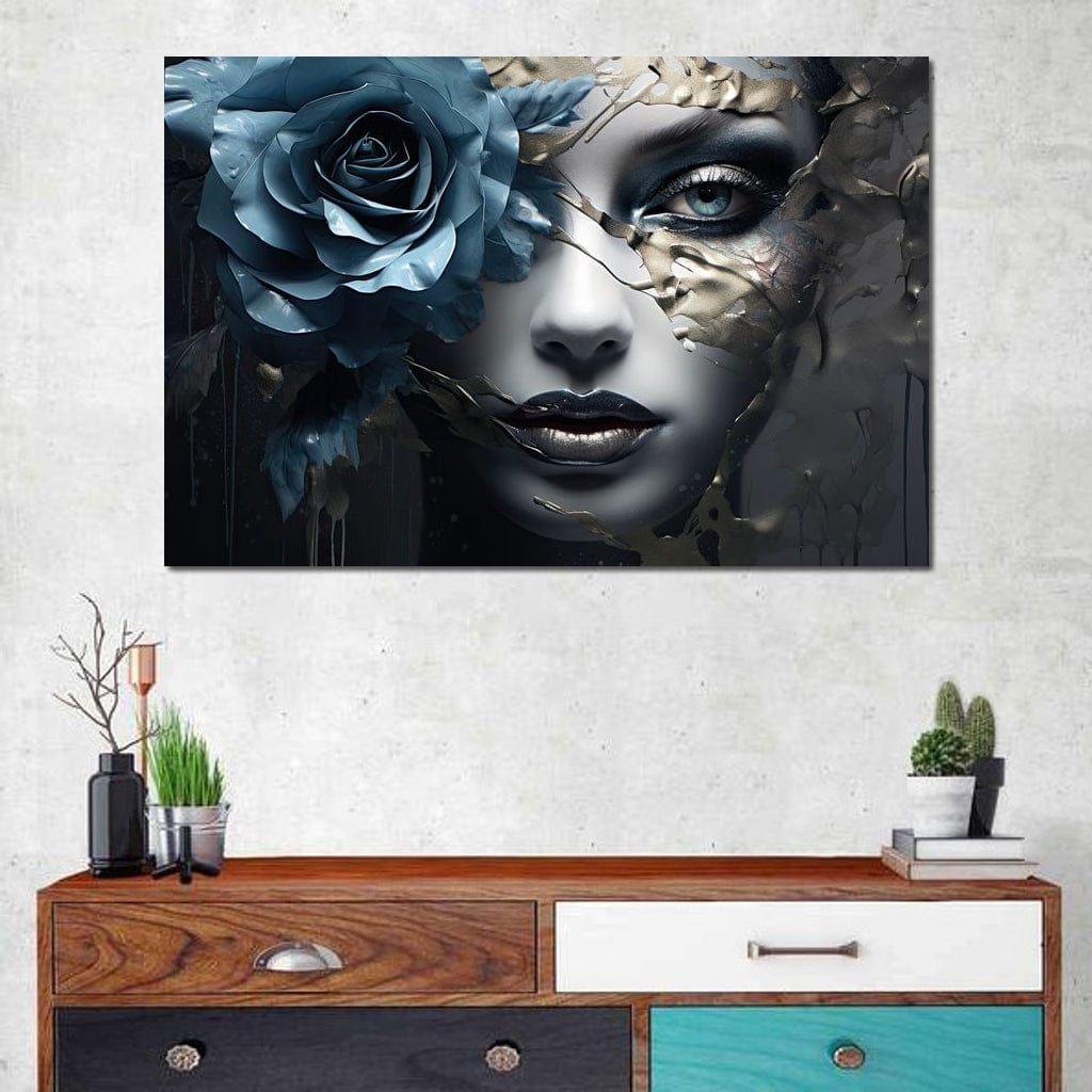 Tablou Canvas Premium, LuxCanva® G1202, Chip in Reconstructie, Cicatrici, Auriu, Albastru, Trandafir, Chip, Metamorfoza, Imposibil, Fisura, Poezie, Emotie, Gotic, Birou, Living, Dormitor