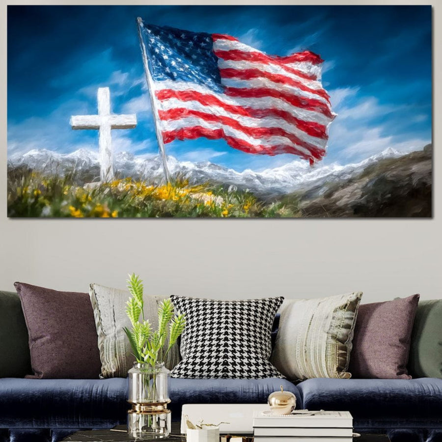 tablou canvas cu steagul american fluturand langa o cruce alba pe fundal de cer albastru si peisaj montan