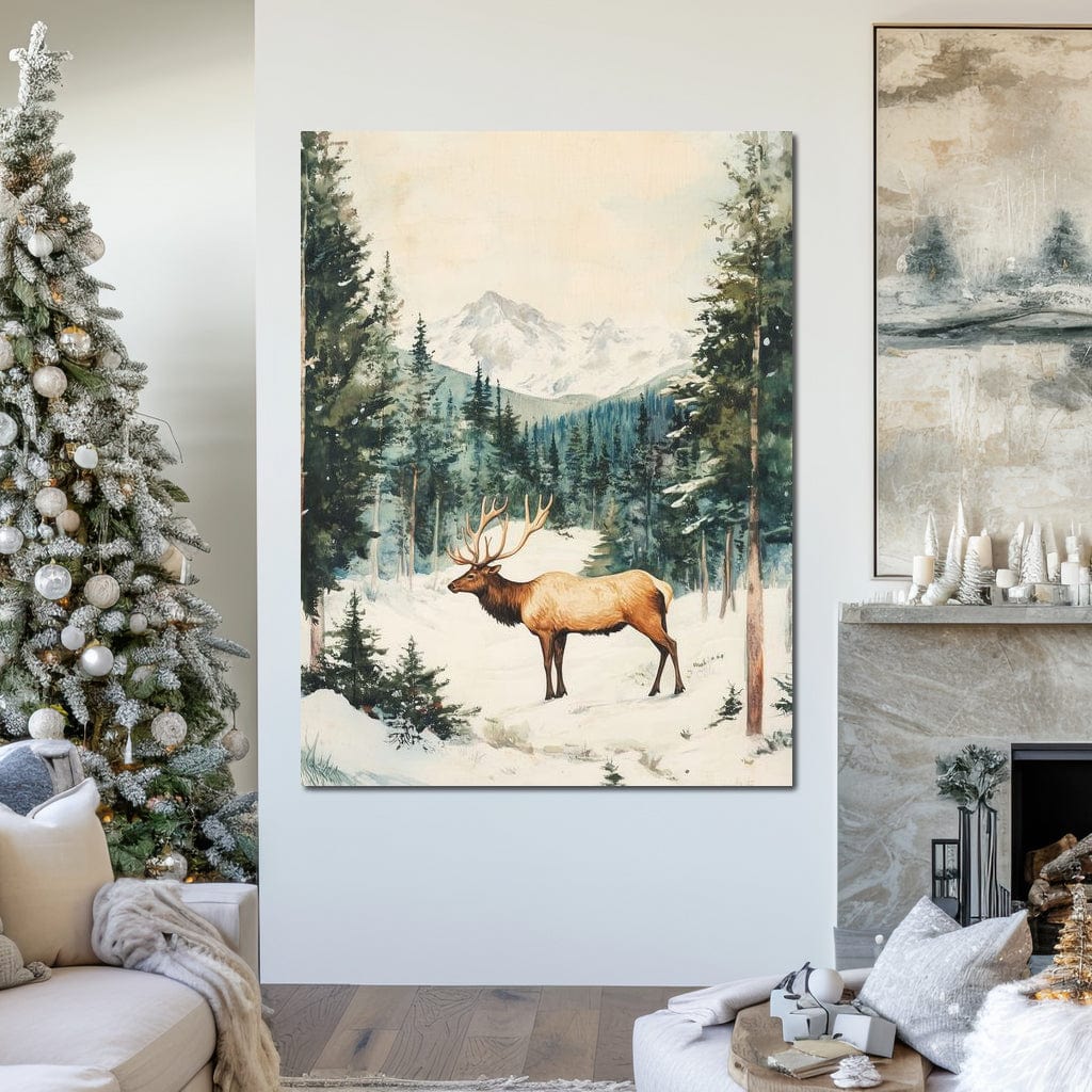 Tablou Canvas Premium LuxCanva® D1050, Cerbul din Muntii Inzapeziti , Cerb, Brazi, Munti, Natura, Zapada, Padure, Living Room, Culori vibrante