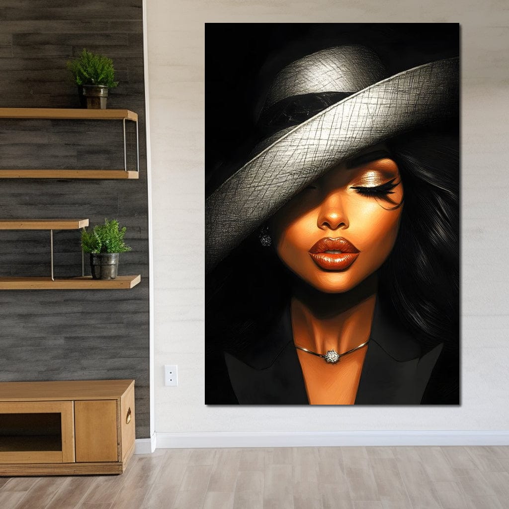 Tablou Canvas Premium, LuxCanva® G1181, Doamna cu Palarie de Argint, Lemn, Eleganta, Glamour, Enigmatica, Noblete, Editorial, Tacere, Arta, Fashion, Sarm, Icon, Chip, Birou, Living, Dormitor