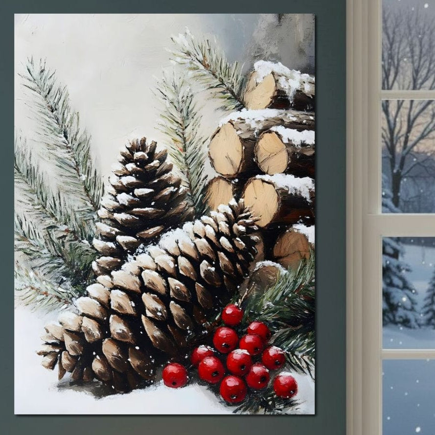 Tablou Canvas Premium, LuxCanva® D1066, Culorile Craciunului, Con, Brad, Bobite, Rosu, Verde, Zapada, Lemn, Crengute, Natura, Rustic, Padure, Craciun, Gheata, Bucurie, Camera Copil, Living, Dormitor