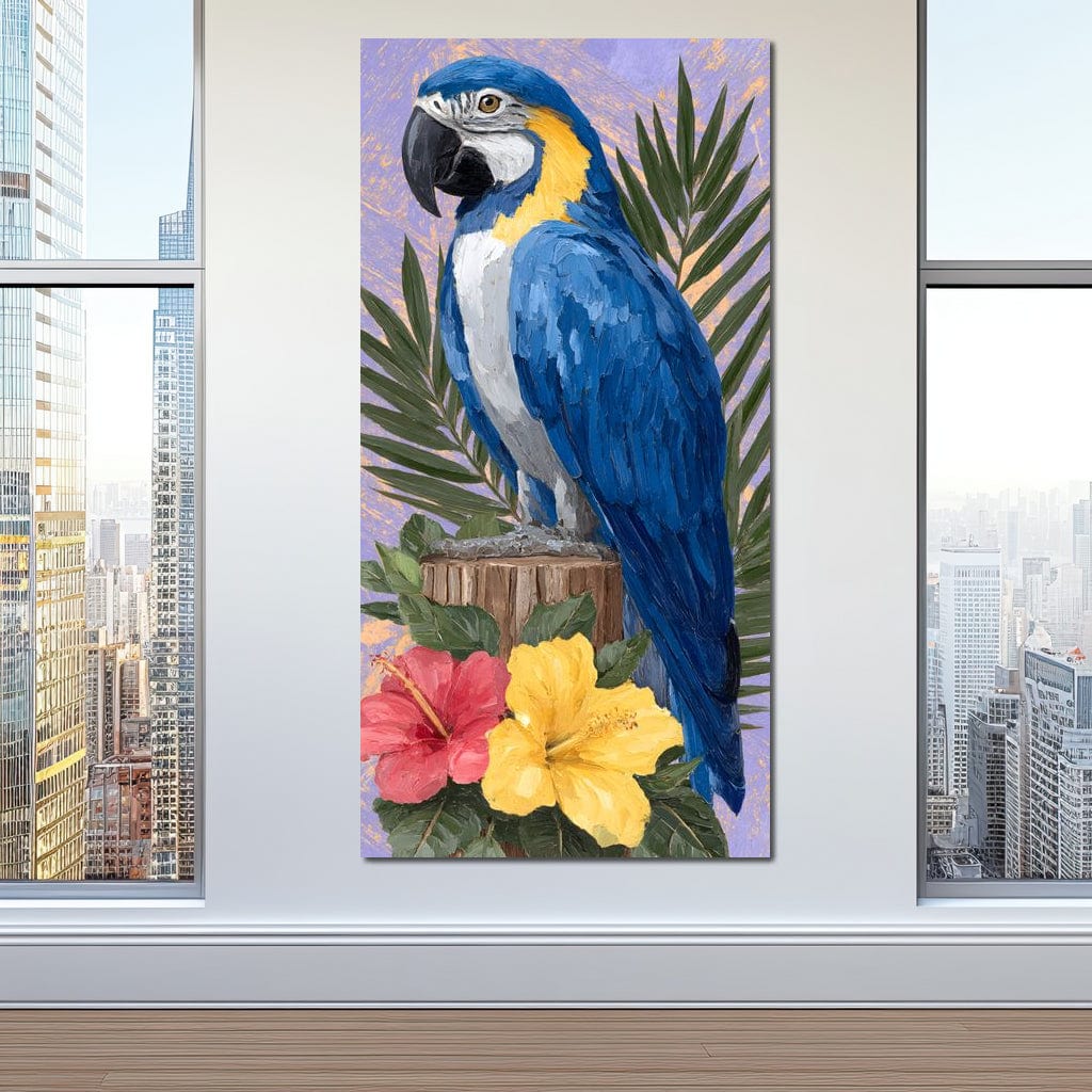 tablou canvas cu un papagal exotic cu penaj multicolor, inconjurat de frunzis tropical si flori galbene si rosii