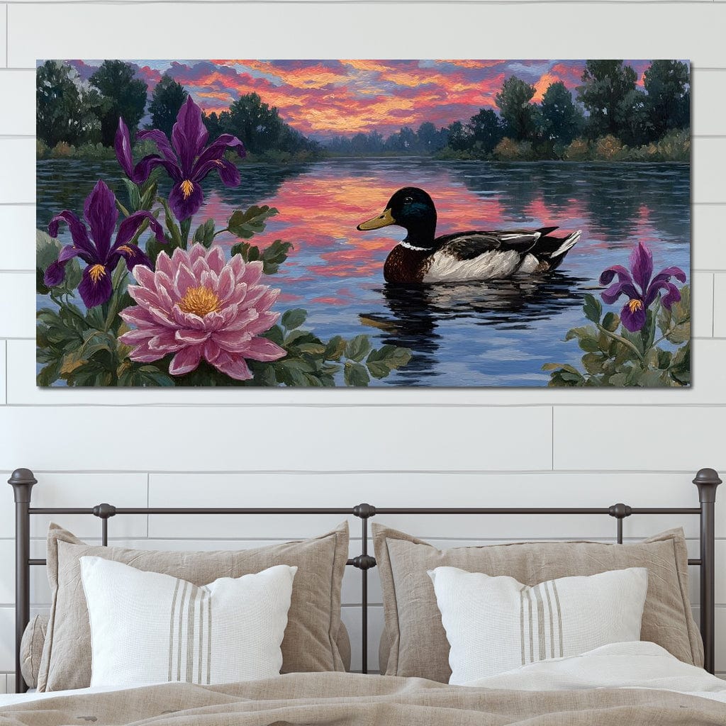 tablou canvas cu o rata plutind pe lac la apus, inconjurata de irisi mov si nuferi roz, pe fundal in stil pictural 