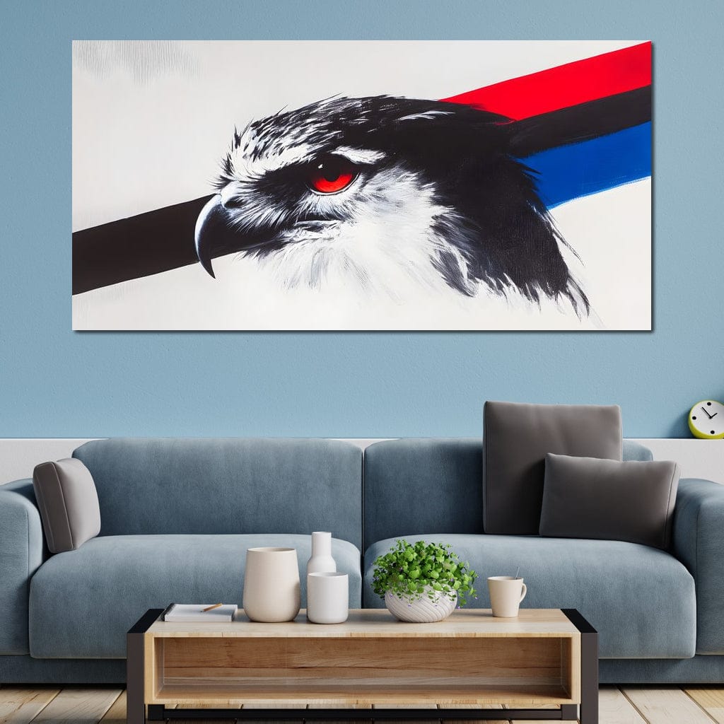 tablou canvas cu un cap de vultur cu ochi rosu, pe fundal alb cu linii diagonale in rosu, negru si albastru