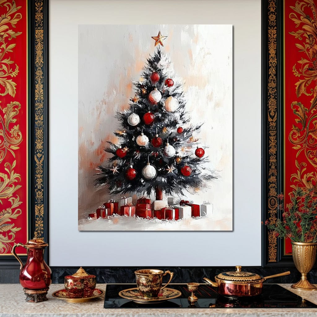 Tablou Canvas Premium LuxCanva® D1046, Brad si Cadouri sub Lumina Stelei ,  Craciun, Stea, Brad, Cadouri, Festiv, Living Room, Culori vibrante