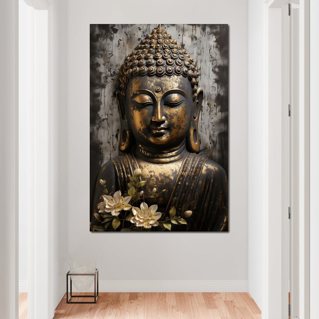 Tablou Canvas Premium LuxCanva® I128, Buddha si Floarea Sacra, Zen, Meditatie, Spiritualitate, Armonie, Pace Interioara, Echilibru, Lotus, Flori, Urna, Living, Dormitor