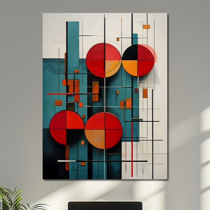Tablou Canvas Premium, LuxCanva® J1005, Baletul Cercurilor, Coregrafie, Simfonie, Armonii, Compozitie, Circular, Rosu, Turcoaz, Echilibru, Bauhaus, Living, Dormitor