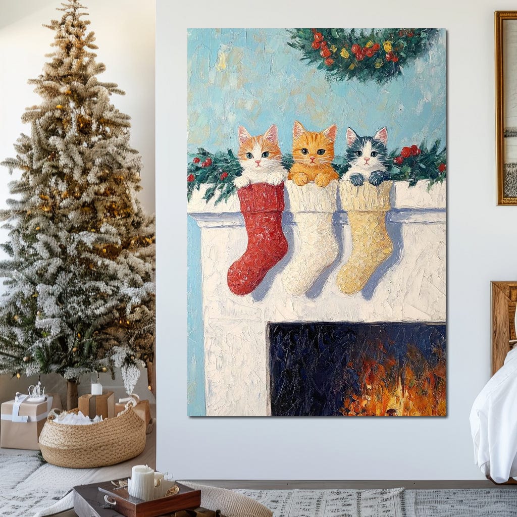 Tablou Canvas Premium LuxCanva® D1022, In asteptarea lui Mos Nicolae , Pisicute, Sosete, Semineu, Asteptare, Daruri, Living Room, Culori vibrante