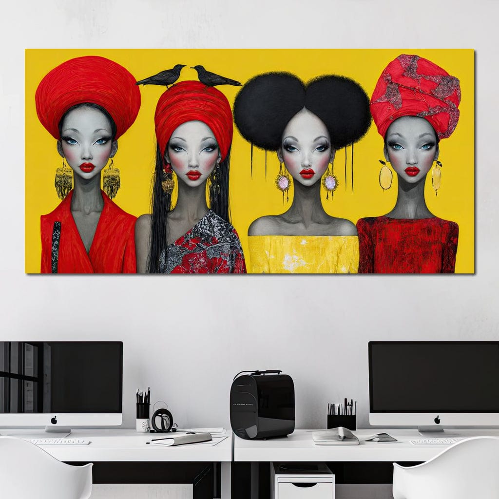 Tablou Canvas Premium, LuxCanva® G1135, Patru Regine si un Cantec, Regalitate, Femei, Pasari, Turbane, Zbor, Traditie, Cultura, Identitate, Feminism, Forta, Birou, Living