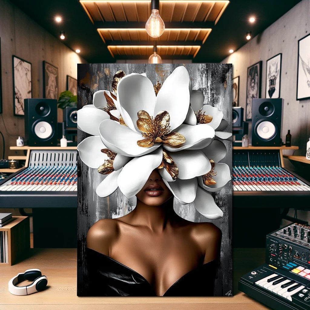 Tablou Canvas Premium LuxCanva® G1025, Misterul Magnoliei , Feminitate, Magnolie, Aur, Alb, Fashion, Glamour, Contrast, Living, Dormitor