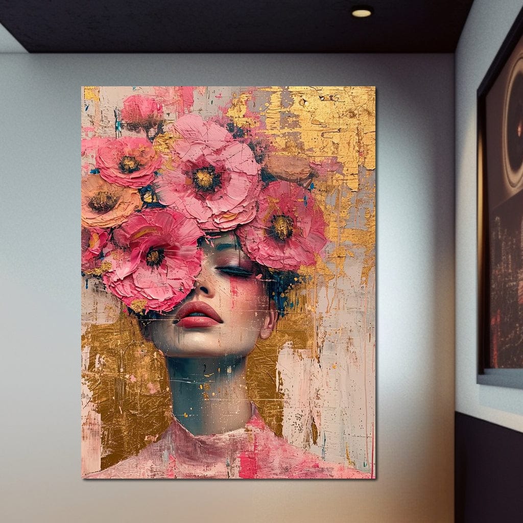 Tablou Canvas Premium LuxCanva® G1023, Gratie Inflorita , Delicatete, Flori, Petale, Aur, Portret, Pastel, Roz, Living, Dormitor, Culori vibrante