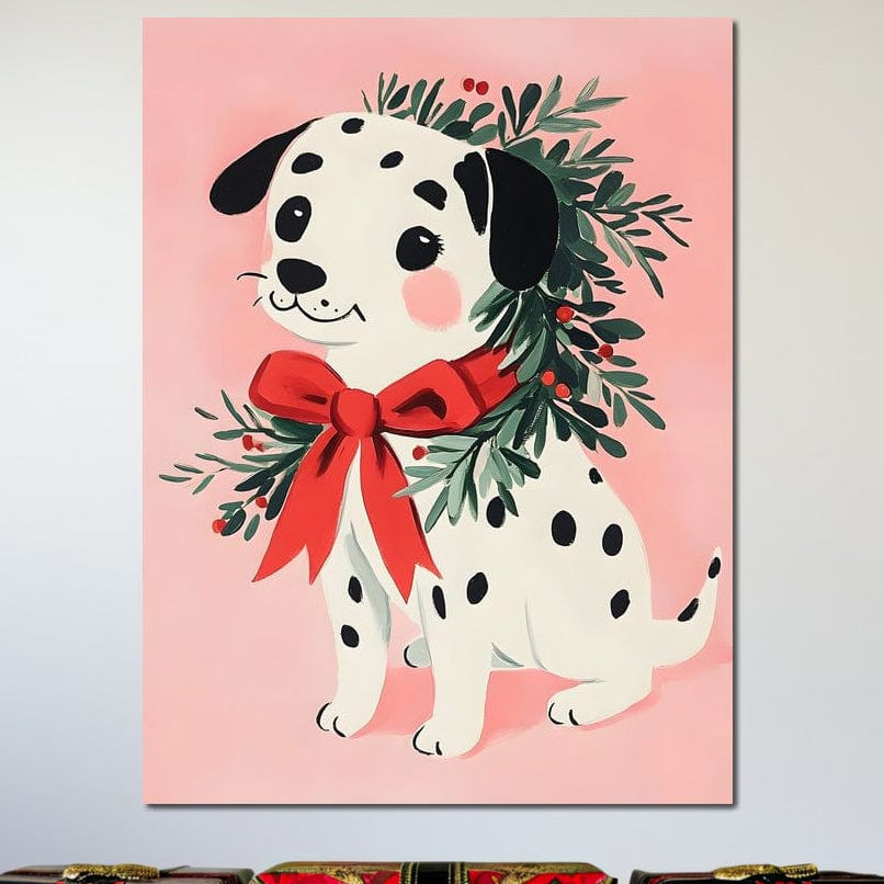 Tablou Canvas Premium, LuxCanva® D1093, Dalmatianul de Craciun, Bucurie, Gingasie, Funda, Rosie, Pui, Catel, Pete, Zambet, Blanos, Coronita, Brad, Canin, Roz, Magie, Camera Copil, Living, Dormitor