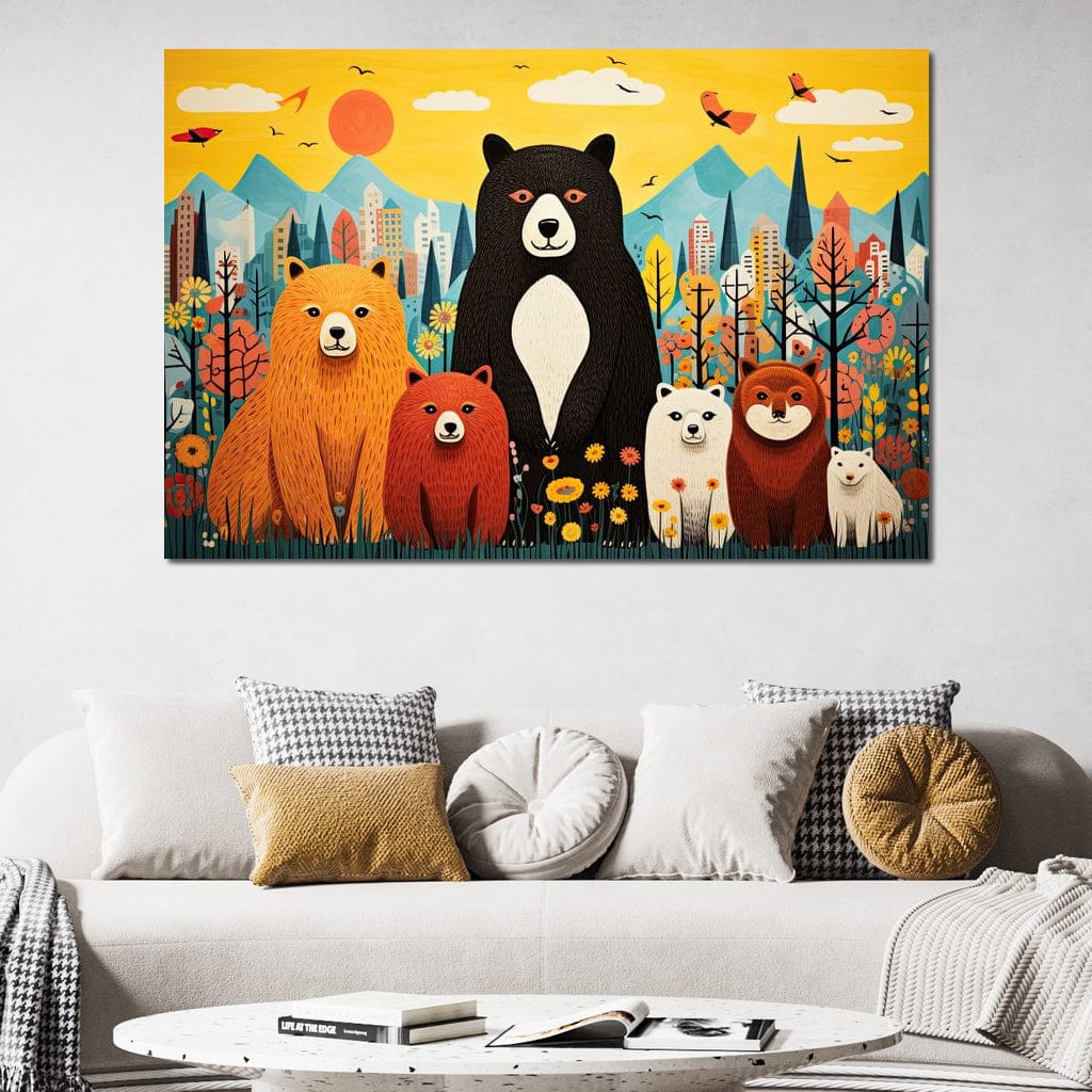 Tablou Canvas Premium, LuxCanva® K1007, Familia de Ursuleti, Padure, Munte, Oras, Prieteni, Poiana, Magica, Decor, Veselie, Prietenie, Caldura, Natura, Barlog, Camera Copii