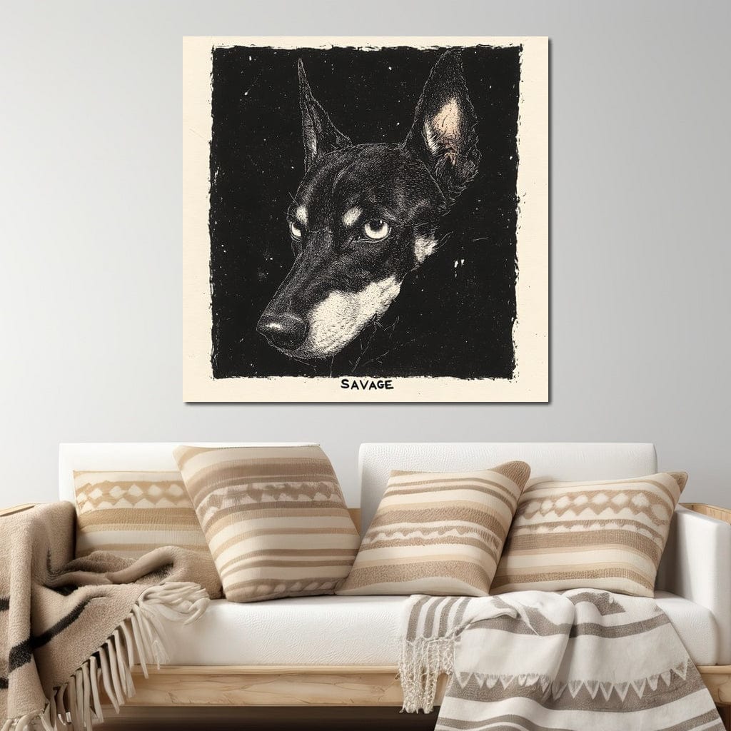 tablou canvas cu portretul unui caine cu privire intensa, realizat in stil grafic texturat, pe fundal negru