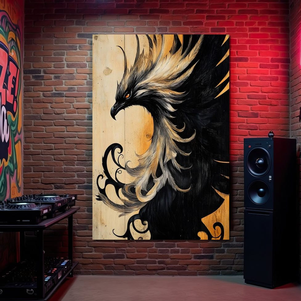 tablou canvas cu o pasare Phoenix in nuante de negru si auriu, pe fundal tip lemn
