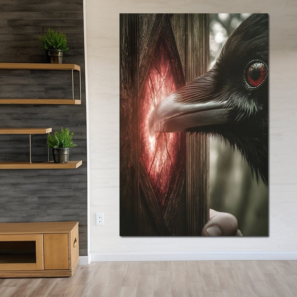 tablou canvas cu un corb negru cu ochii rosii privind intr-o fereastra luminoasa in lemn, surprins intr-un cadru misterios si magic