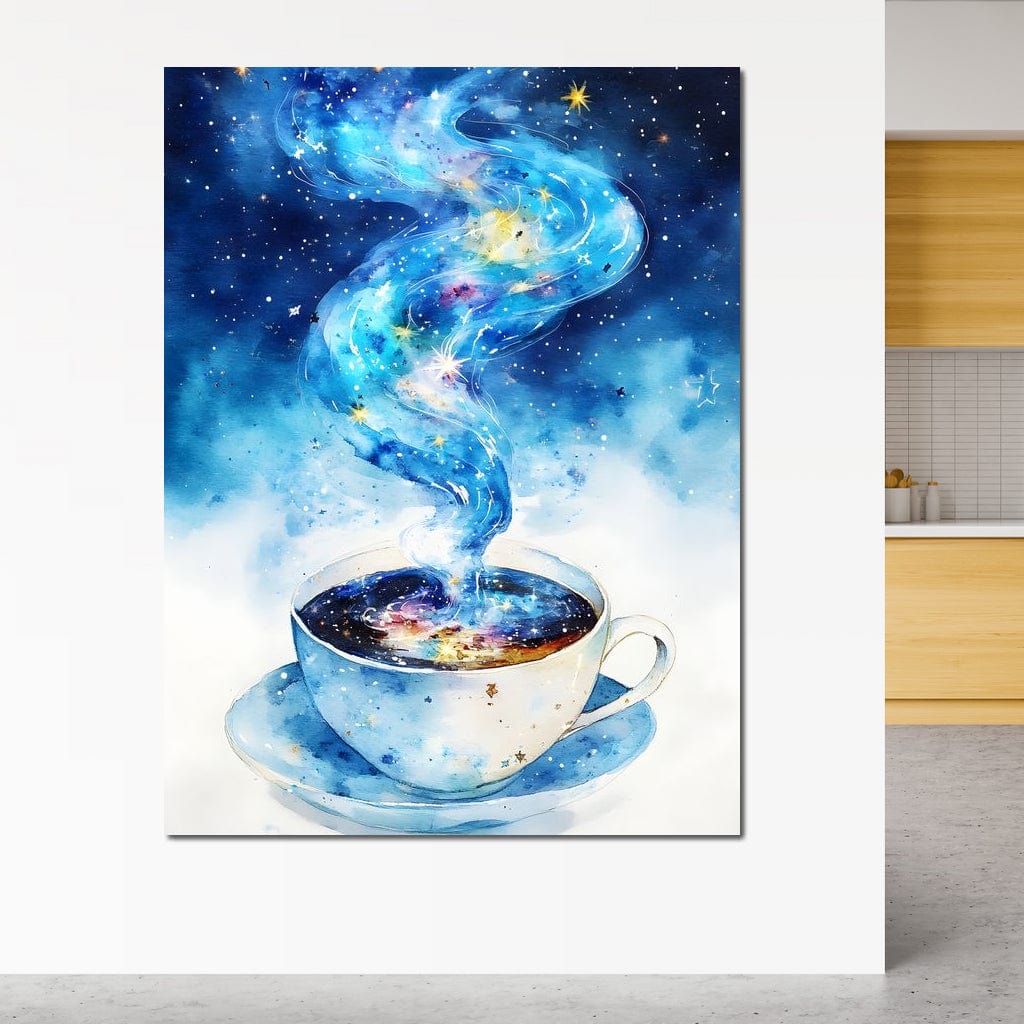 tablou canvas cu o ceasca de cafea alba, cu aburi albastri pe fundal nocturn albastru cu stele aurii