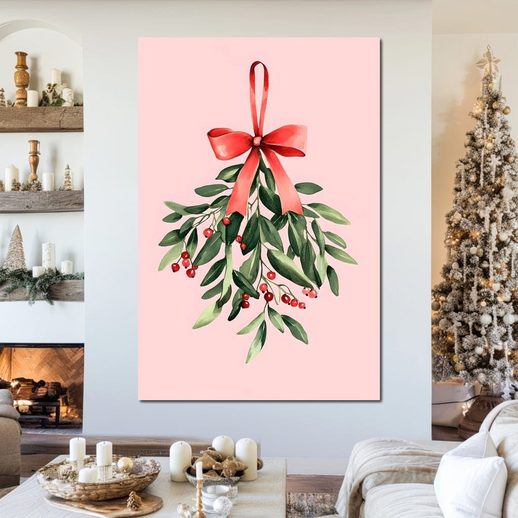 Tablou Canvas Premium, LuxCanva® D1082, Ramura cu Funda Rosie, Christmas, Planta, Bradut, Frunze, Festiv, Elegant, Roz, Iarna, Anotimp, Simplitate, Verde, Atmosfera, Camera Copil, Living, Dormitor