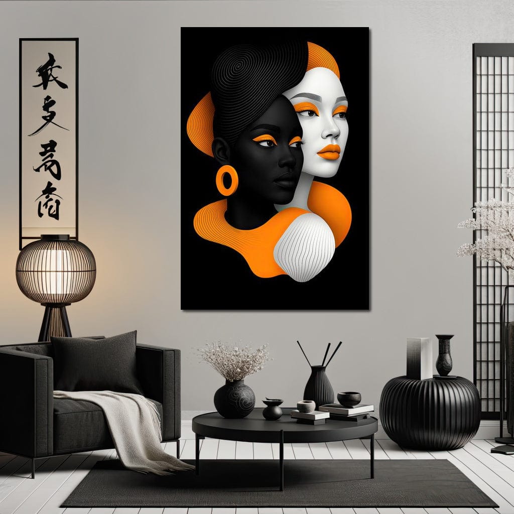 Tablou Canvas Premium, LuxCanva® G1213, Unirea Lumilor, Fete, Suflete, Alb, Negru, Portocaliu, Fusion, Simetrie, Portret, Diversitate, Poem, Umbra, Oglinda, Polaritate, Salon, Birou, Living, Dormitor