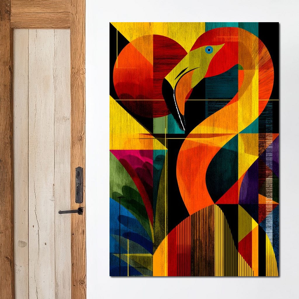 tablou canvas cu un flamingo in culori vibrante si forme abstracte, pe fundal multicolor in compozitie geometrica