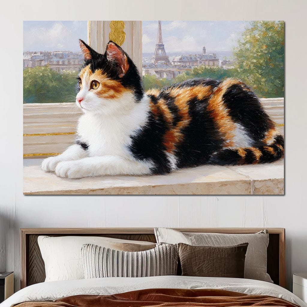 tablou canvas cu o pisica calico relaxata pe pervaz, cu Turnul Eiffel pe fundal
