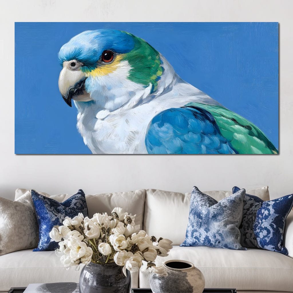 tablou canvas cu un papagal colorat in nuante de albastru, verde si alb pe fundal monocrom albastru