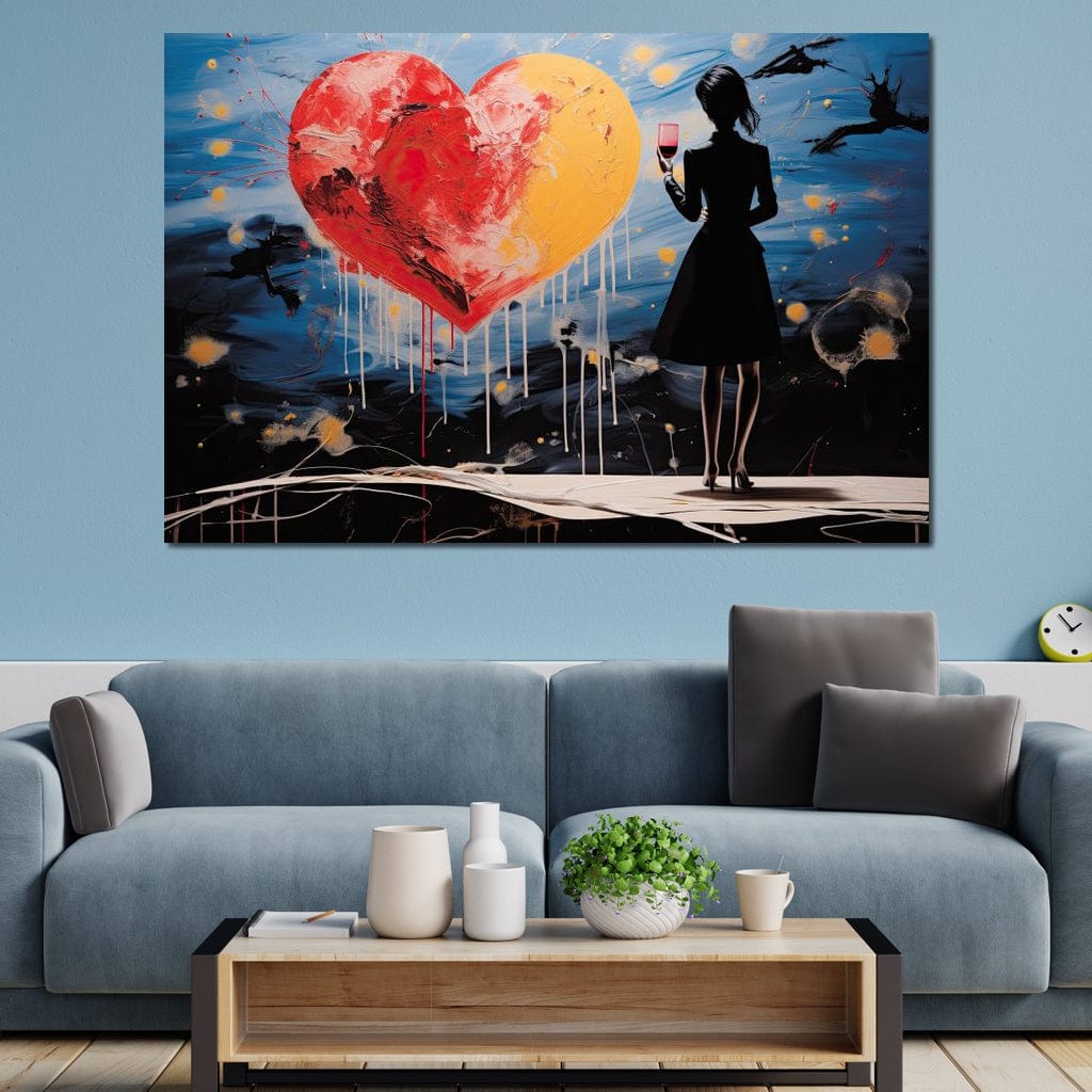 Tablou Canvas Premium, LuxCanva® G1117, Inima si Pahar, Noapte, Iubire, Femeie, Visare, Dor, Dragoste, Indragostita, Vin, Romantism, Living, Dormitor