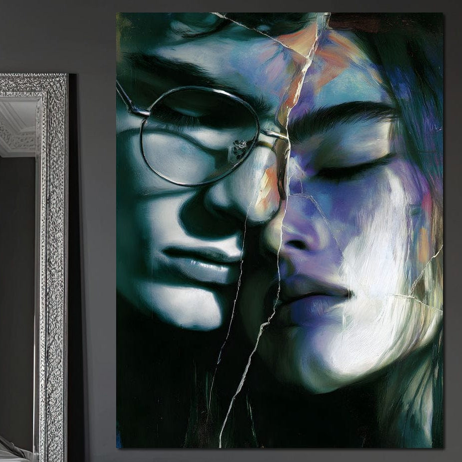 Tablou Canvas Premium, LuxCanva® G1242, Tacerea Dintre Noi, Cioburi, Rupt, Intreg, Iubire, El, Ea, Ochelari, Tacere, Atingeri, Dor, Unire, Fragilitate, Chipuri, Noi, Suflet, Cuplu, Salon, Living, Dormitor