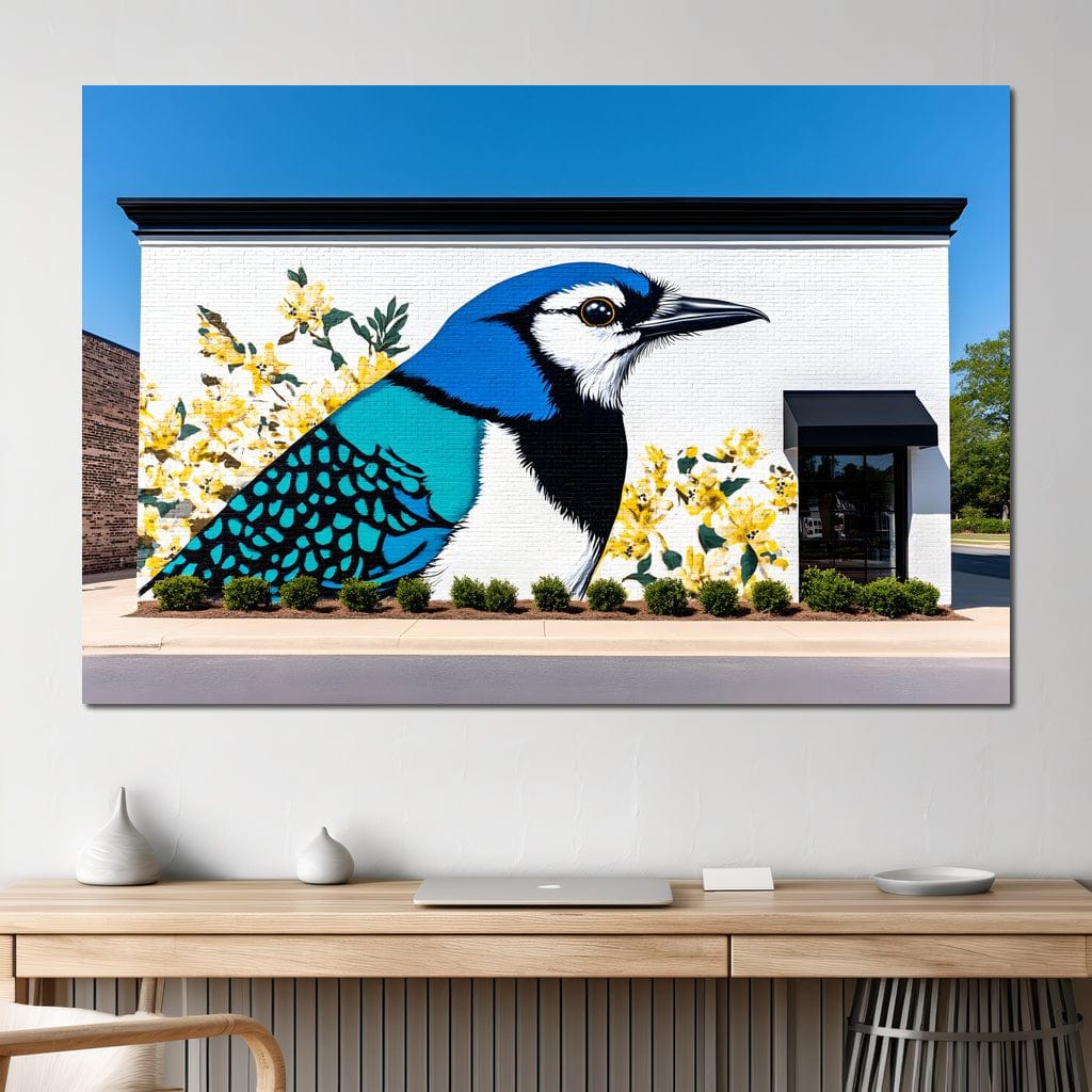 tablou canvas cu o pasare albastra pe peretele alb al unei cladiri, decorat cu flori galbene in stilul unei picturi murale