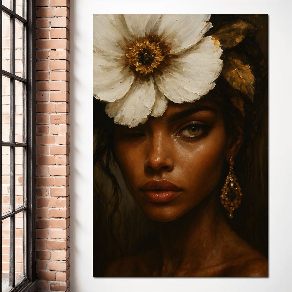 Tablou Canvas Premium, LuxCanva® G1138, Ocrotitoarea Petalelor, Zeita, Gratie, Privire, Magie, Frumusete, Misterioasa, Flori, Noblete, Contrast, Bijuterii, Birou, Living