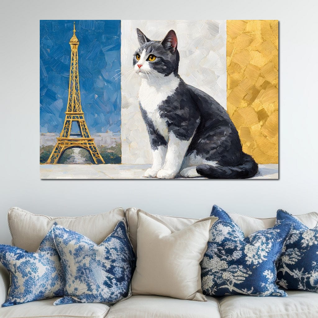 tablou canvas cu o pisica gri cu alb, pe fundal tricolor cu Turnul Eiffel redat in accente aurii